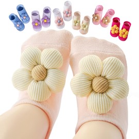 Aroveea Baby Toddler Socks Grip Flower Non Slip Girls Cotton 6 Pack for 0-6 Months Newborn Ankle Cute Socks 0M-3Years