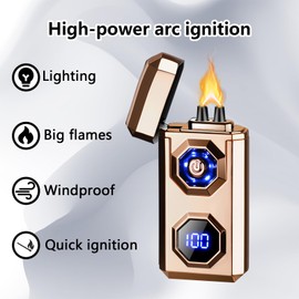 TIKIUKI Electric Lighter,Arc Lighters Rechargeable,USB Type-C Fast Charge,High Power Windproof Lighter with LED Battery Display and LED Lighting, Suitable for Camping,Scented Candles(Gold)