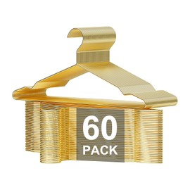Metal Hangers 60 Pack Heavy Duty, Strong Wire Clothes Hangers with Notches, Space Saving Hangers Bulk for Standard Size Coats, Pants, Shirts, Suits, Gold Capacity Heavy Duty