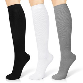 Compression Socks for Women Circulation (3 Pairs) 15-20 mmHg Support for Nurses Athletic Running Cycling Hiking Travel, Black+White+Grey