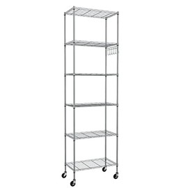 Himimi 6-Tier Wire Shelving Unit with Wheels - Adjustable Metal Storage Rack for Garage, Kitchen, Office, Pantry - Easy Assembly, Rolling Steel Shelves with Stainless Side Hooks, Silver Grey