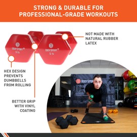 Body Sport Vinyl Dumbbell – Dumbbells for Exercises – Strength Training Equipment – Neoprene Dumbbells – Home Gym Accessories – Weight Training – 5 Pound – Pair – Red