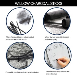 PANDAFLY Willow Charcoal Sticks, Soft, Black Artist Vine Charcoal for Artists, Beginners, Students, Great for Sketching, Drawing, Shading and Fine Art, 2-4mm, 25 Pack