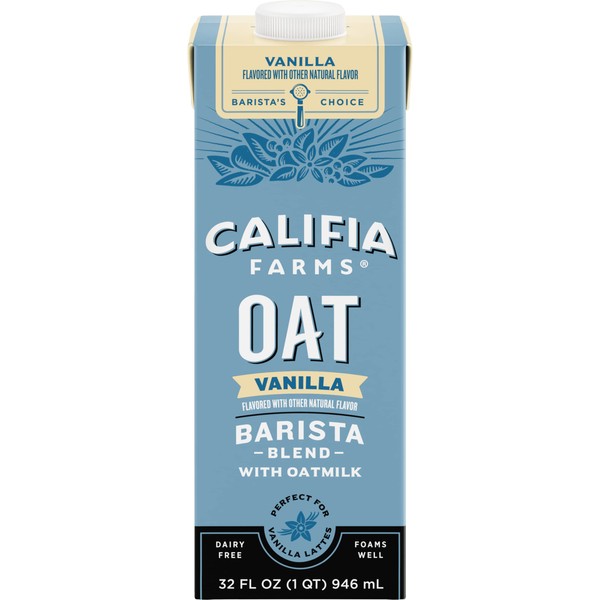 Califia Farms - Vanilla Oat Barista Blend Oat Milk, 32 Oz, Dairy Free, Vegan, Plant Based, Gluten Free, Non GMO, Milk Frother, Coffee Creamer