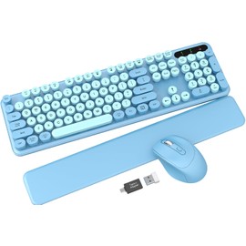 Wireless Keyboard and Mouse Combo - Cute Typewriter Keyboard with Detachable Wrist Rest, Retro Round Keycaps, Foldable Legs, 2.4GHz Full-Size Keyboard for PC, Laptop, Windows - Trueque (Glacier Blue)