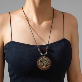Xduargs Boho Wooden Round Pendant Necklace Vintage Black Waterproof Wax Rope Necklace Ethnic Tree of Life Choker Necklace Adjustable Round Tree Long Chain Necklace Jewelry for Women
