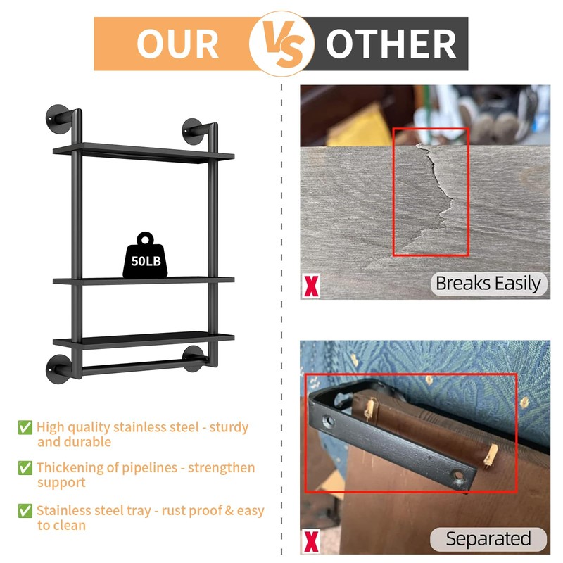 Bathroom Shelves Wall Mounted, 3 Tier Towel Racks with Towel