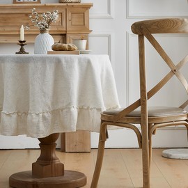 Tootop Linen Tablecloth Ruffle Patchwork Tablecloth Round Farmhouse Vintage Tablecloth Washable Kitchen Banquet Tablecloth for 3-4 Feet Round Tablecloth 60'' Round Natural