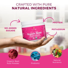 Vivre Naturals Fermented Whole Food Organic Beet Powder, USDA Organic, Probiotic-Enhanced Beetroot Superfood - Nitric Oxide Supplement for Blood Pressure Support, Heart Health Circulation, 30 Servings