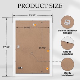 Muzilife 24×36" White Poster Frames 1 Pack, Engineered Wood Movie Poster Picture Frames with HD Plexiglass Cover and Hanging Hardware for Horizontal or Vertical, Large
