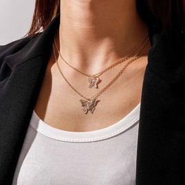 TseenYi Boho Butterfly Choker Necklace Gold Layered Butterfly Pendant Necklace Tiny Butterfly Short Choker Duoblelayer Butterfly Necklace Chain Jewelry for Women Girls