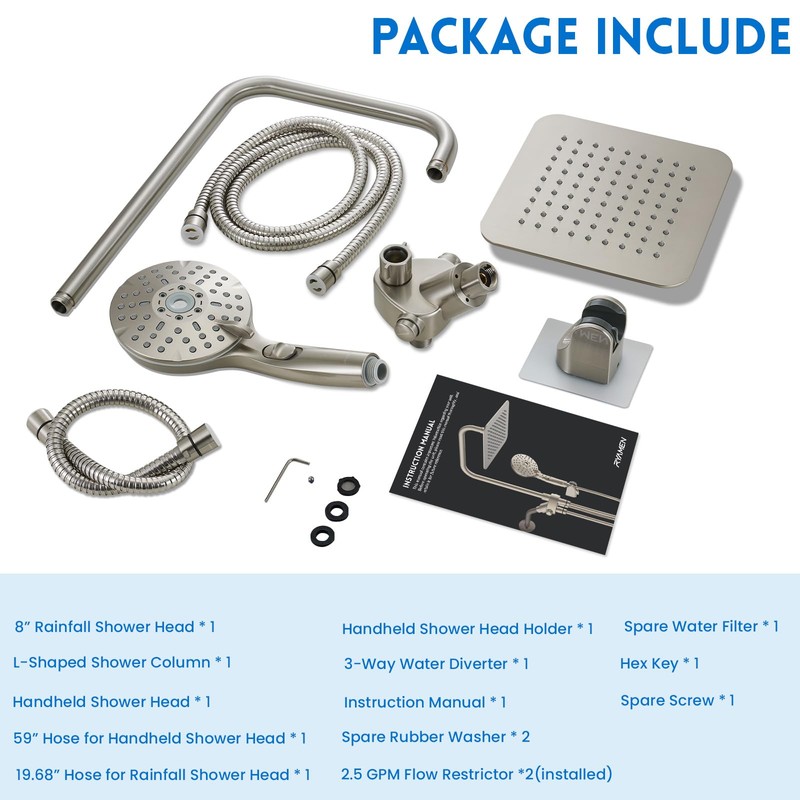 Ryamen 8" Dual Shower Head Combo, High Pressure Rainfall Shower