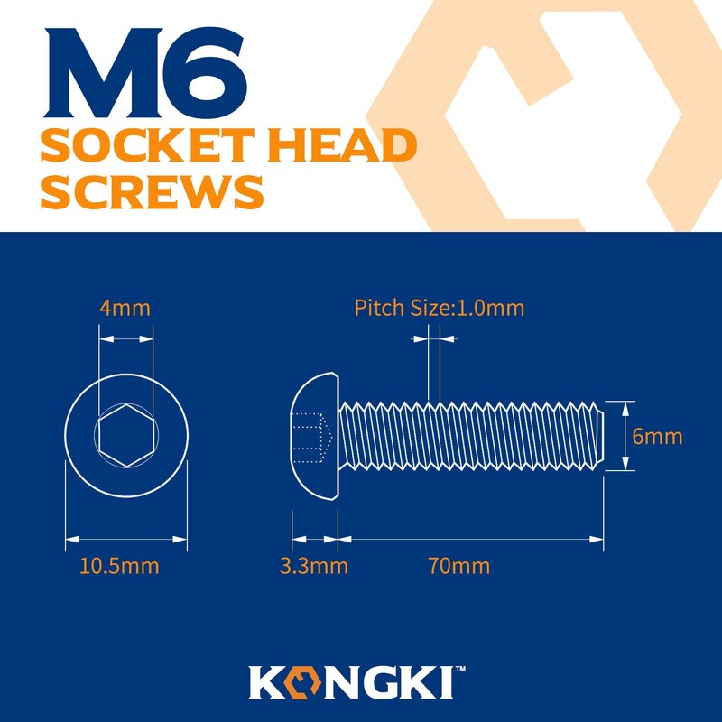 M6 x 70 mm Rounded Head Screws with Hexagon Socket