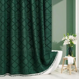 Craidlela Boho Dark Green Woven Fabric Shower Curtain with Tassel 72 x 72 Bohemia Tufted Chevron Striped Chic Textured, Green Modern Farmhouse Minimalist Waterproof Curtain for Bathroom, Hotel Decor