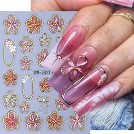 Flower Art Stickers Decals 5D Embossed Flowers Nail Decals 2PCS Pink Petal Floral Golden Circle Bow Design Nail Adhesive Sliders Flower Stickers for Nails Spring Manicure Decoration