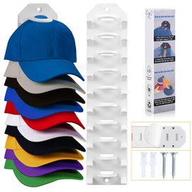 Hat Organizer for Baseball Caps, 1 Pack Hat Rack for Wall, Wall Mounted Adhesive Cap Rack, Hat Holder Hanger Hold Up to 10 Cap, Baseball Hat Storage Organizer for Door, Closet, Bedroom (White)