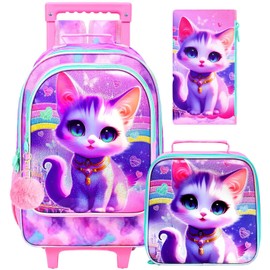 HPJGD 3PCS Cat Rolling Backpack for Girls, Kids School Backpacks with Wheels, Water Resistant UV Printed Roller Wheeled Bookbag Set