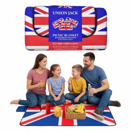 ADEPTNA Waterproof Union Jack Fleece Picnic Blanket 150x130cm Outdoor Beach Camping Blanket Polyester Lining Soft Comfortable Foldable with Handle Ideal for Summer