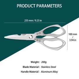 1 PCS Stainless Steel Scissors, Kitchen Scissors Multi-Purpose, with Bone Cutter, Bottle Opener, Fish Scaler, Nutcracker - Ergonomic Non-Slip Handles for Chicken, Poultry, Food Cutting (Silver,23.5cm)