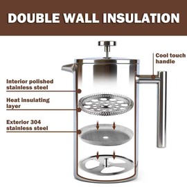 Extra Large French Press, French Press Coffee Maker 61 oz (1.8L), Insulated Stainless Steel French Press XXL Large Capacity Double Walled with Spoon for Espresso Coffee or Tea