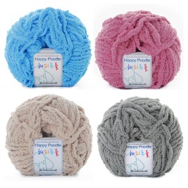 [Misoknit] Happy Poodle, Soft and Luxurious Knitting Yarn Set, Various Color, Easy Care Knit Yarn, Chunky Chenille Yarn, Made in Korea, 2.82 oz (Sky Blue/Puce Pink/Light Beige/Light Gray)