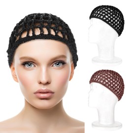Hair Net Wrap 2 PCS Elastic Sleep Nets Hairnet Knit Sleeping Cover Breathable Crochet Head Cap Stretchy Mesh Bandana Anti Frizz Shower Bathing Hats Press Absorption Curly Straight Hair(Brown/Black)