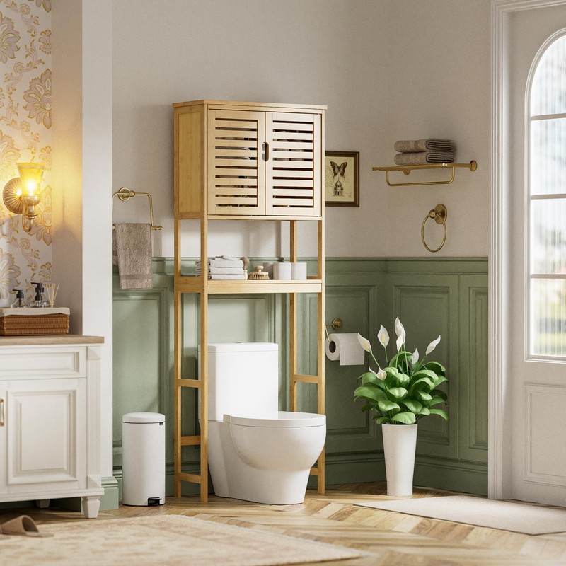 SMIBUY Bathroom Over The Toilet Storage Cabinet, 2 Door Bamboo
