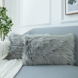 LIGICKY Luxury Series Soft Faux Fur Cushion Cover Decorative Square Plush Pillow Case Throw Pillow Cover for Couch Sofa Bed (Grey, 12 x 20 Inch)
