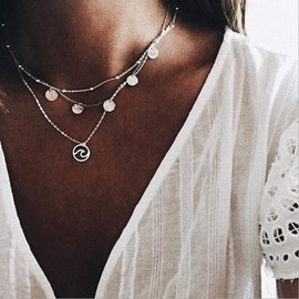 TseanYi Boho Necklace, Multilayer Wave Shape Sequin Pendant Necklace Choker Style Circle Vintage Look for Women and Girls (Silver), Metal