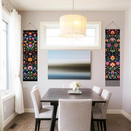 AHANDMAKER 2Pcs Folk Art Floral Tapestry, Colorful Long Vertical Wall Hanging, Vintage Flower Tassel Botanical Aesthetic for Bedroom Living Room, 45.7x13Inch