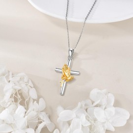 VENACOLY Cross Necklace for Men Women 925 Sterling Silver Praying Hands with Cross Pendant Necklace Religious Christian Serenity Prayer Necklace Jewellery Gifts for Men Women, Sterling Silver, No