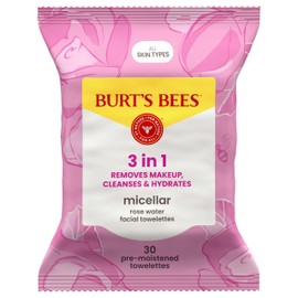 Burt’s Bees Micellar Rose Water Facial Towelettes, 100% Plant Based Cloth; 99% Natural Origin; Remove Makeup, Cleanse, Hydrate; No Greasy, Oily Residue; All Skin Types (Pack May Vary)