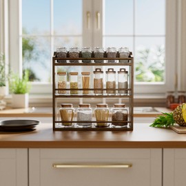 STELLSTAR Spice Rack for Countertop, Bamboo Seasoning Jars Organizer Rack Shelf Wall Mounted, 15.83" W x 4.96" D x 15.75" H (Walnut)