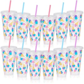 SiliFine 12 Pcs Plastic Ice Cream Cups 24oz Ice Cream Party Supplies Reusable Tumbler with Lid and Straw Ice Cream Gifts for Summer Party Favors Ice Cream Birthday Party Decorations