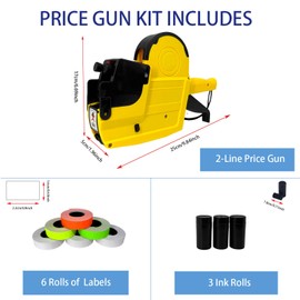 BIZXDEV 2 Line Price Gun Lables Kit with 1200 White 400 Red 400 Yellow 400 Green Labels 3 Ink Rollers,1 Ink roll and Labels Pre-Loaded