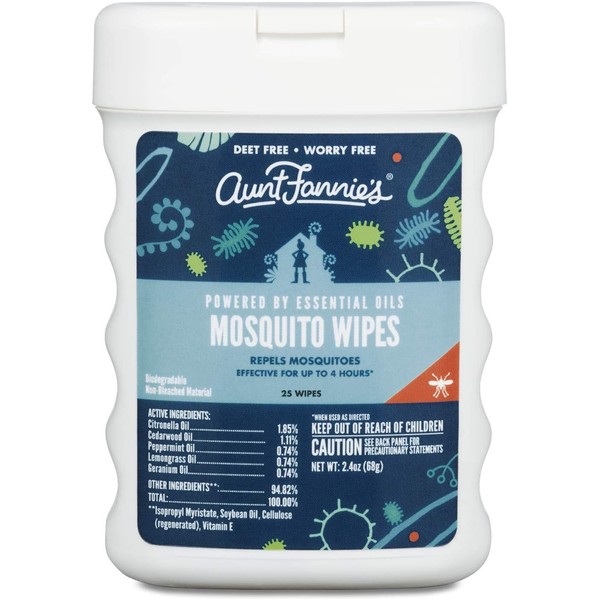 Aunt Fannie's Mosquito Repellent Wipes, DEET-Free Wipes for Indoor/Outdoor Protection, Pop-up Dispenser (25-Count Canister)
