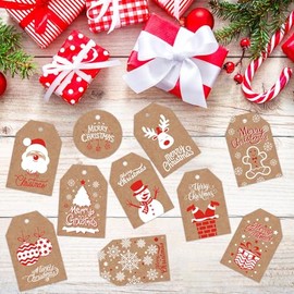 100 PCS Etiquetas de Regalo de Navidad, Etiquetas de Regalo de Papel Kraft Navideñas con Cuerda, 10 Patrones de Etiquetas Adecuado para la Decoración de Regalos de Fiesta de Navidad