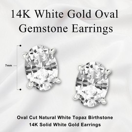 14k White Gold Oval Stud Earrings with White Topaz