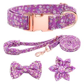 HSIGIO Dog Collar and Leash Set Girls Adjustable Puppy Collars with Floral Bow Tie for Small Medium Large Female Dogs (L, Purple Daisy)