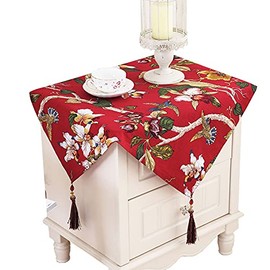 Topwon Bedside Tablecloth Rustic Table Cover for Nightstand End Table Dust Proof Cloth with Tassels (Red)