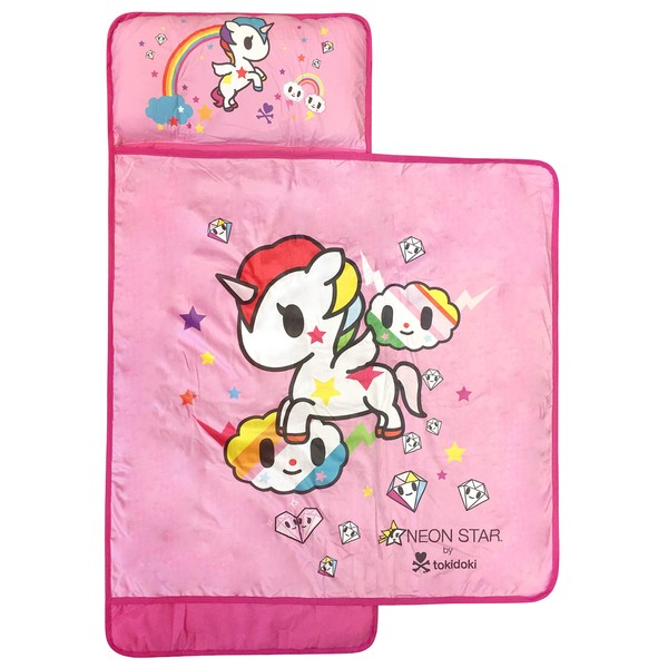 Tokidoki Neonstar Unicorno Rainbow Nap Mat - Built-in Pillow and Blanket Featuring Unicorno - Super Soft Microfiber Kids'/Toddler/Children's Bedding, Ages 3-5 (Official Tokidoki Product)