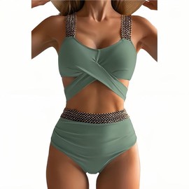 MAIABLEAU Women 2 Piece Swimsuits Crisscross Wrap Tummy Control Bathing Suits Tie Back Swimwear Green M