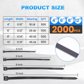 REZOSY Zip Ties,(4”+6”+8”+12”), 2000 Pack Black Assorted Sizes,Uv,Multi-Purpose Self-Locking Nylon Cable Management,Plastic Wire Ties for Home,Office,Garden,Workshop.