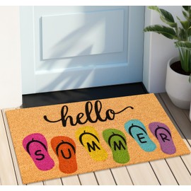 JarThenaAMCS Hello Summer Natural Coir Door Mat Colorful Summer Slippers Welcome Floor Mat Non-Slip Entrance Door Rugs for Indoor Outdoor Home Bathroom Decor, 16.5 x 29 Inch