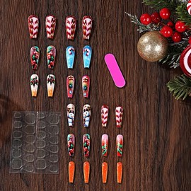 Christmas Press on Nails Long Coffin Fake Nails with Holly Design Snowman Glue on Nails Canes Stick on Nails Glossy Reusable Winter Nails Cute False Nails for Women Girls Manicure 24pcs