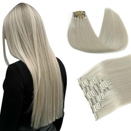 PINKPEARL Clip in Hair Extensions Real Human Hair, 18 Inch 120g 7pcs #1000 Gray Blonde Human Hair Extensions Clip Ins, Remy Hair Clip ins(#1000-18)
