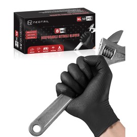 NEOTRIL 8 Mil Heavy Duty Disposable Nitrile Gloves with Raised Diamond Texture Grip Rubber Gloves, Latex & Powder Free Mechanic Gloves for Household Cleaning, Black | 50 Pcs