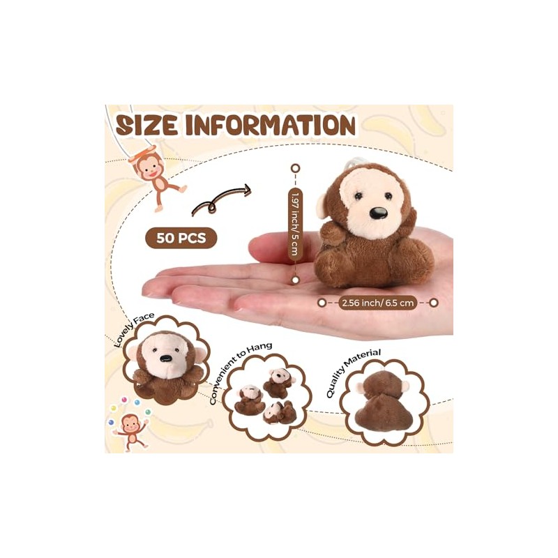 Shappy 50 Pcs Mini Plush Monkey Keychains - Cute Stuffed