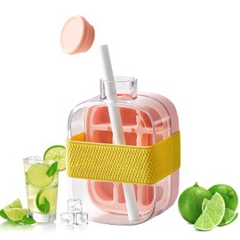 Ice Cup, 2-In-1 Touch-Free Ice Tray, Water Bottle With Lid, Push-Type Transparent Ice Mold, Push-Type Easy To Take Ice, Suitable For Refrigerator, Coffee, Juice And Other Beverages(Pink, 500ML)
