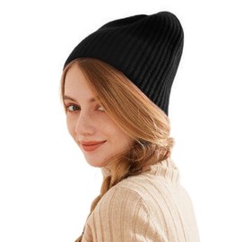 Prettystern Ribbed Unisex 100% Cashmere Wool Casual Beanie Knitted Hat, black